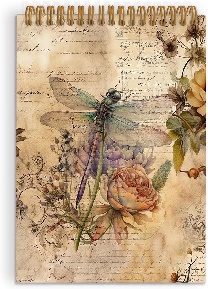 Dragonfly Top Spiral Notebook, Dragonfly Gifts for Women, Dragon Fly Journal Notebook, Vintage Dragonfly Notebooks for School Work, Dragonfly Floral Office Supplies Gifts for Women Men,5.5x8.3 In