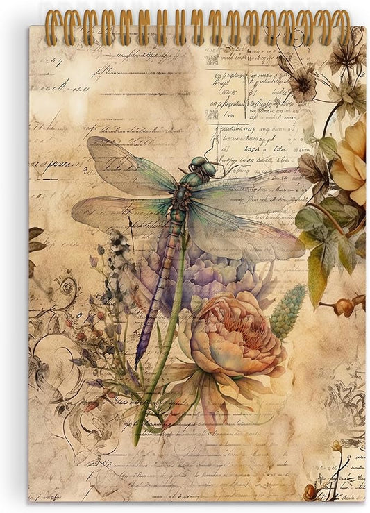 Dragonfly Top Spiral Notebook, Dragonfly Gifts for Women, Dragon Fly Journal Notebook, Vintage Dragonfly Notebooks for School Work, Dragonfly Floral Office Supplies Gifts for Women Men,5.5x8.3 In