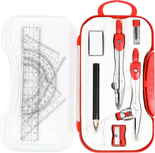 Math Geometry Sets 10 Piece Student Supplies with Shatterproof Storage Box,Includes Rulers,Protractor,Compass,Eraser,Pencil Sharpener,Lead Refills,Pencil,for Drafting and Drawings (Red)）