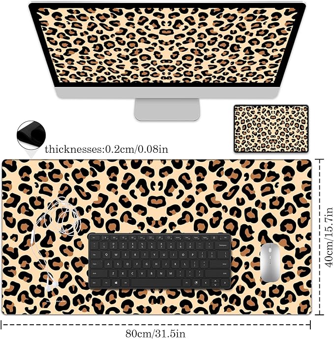 Brown Leopard Desk Pad Protector, Stitched Edges Mouse Pad, Large Office Mat, Non-Slip Blotter, Laptop Pad, Writing Pad for Office and Home (31.5" x 15.7")