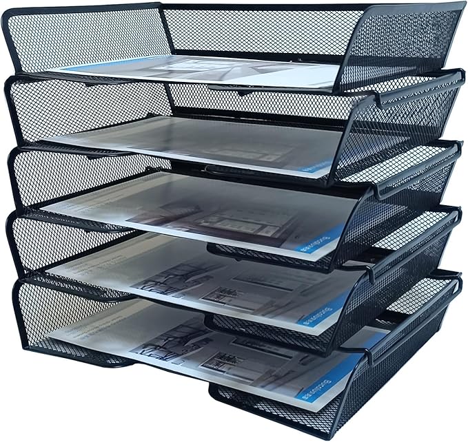 5 Tier Metal Mesh Desk Organizer-Stackable Letter Trays for Office Supplies,Black File Storage System with Reinforced Edges