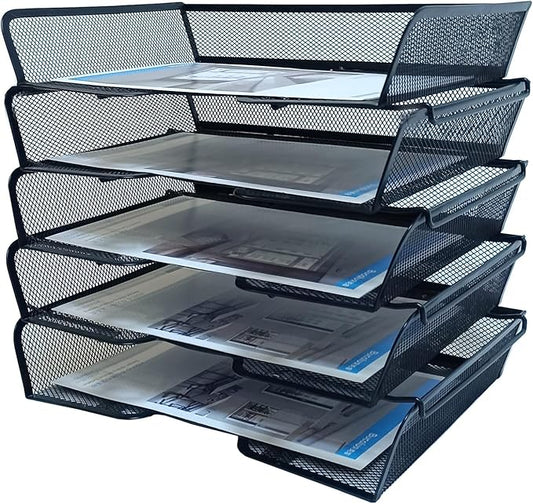 5 Tier Metal Mesh Desk Organizer-Stackable Letter Trays for Office Supplies,Black File Storage System with Reinforced Edges