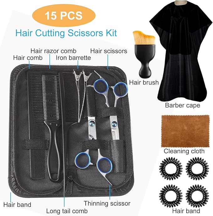 15 pcs Hair Cutting Scissors Professional, Thinning Shears for Hair Cutting, Stainless Steel Barber Scissors, Lengnoyp Haircut Scissors Hair Cutting Kit for Women, Men