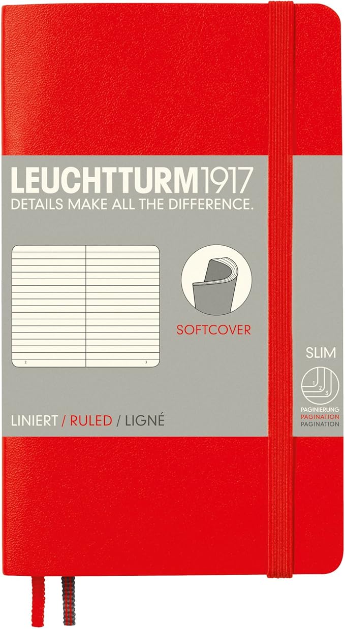 LEUCHTTURM1917 - Notebook Softcover Pocket A6-123 Numbered Pages for Writing and Journaling (Ruled, Red)