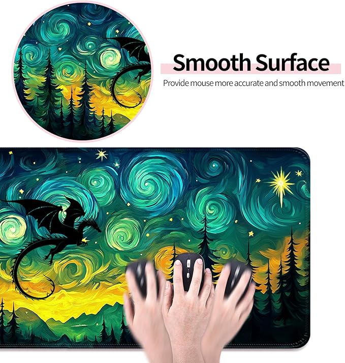 Fantasy Starry Night Forest and Dragon Gaming Desk Mat, Computer Keyboard Large Extended Long Mouse Pad for Office and Home, XL (W05)