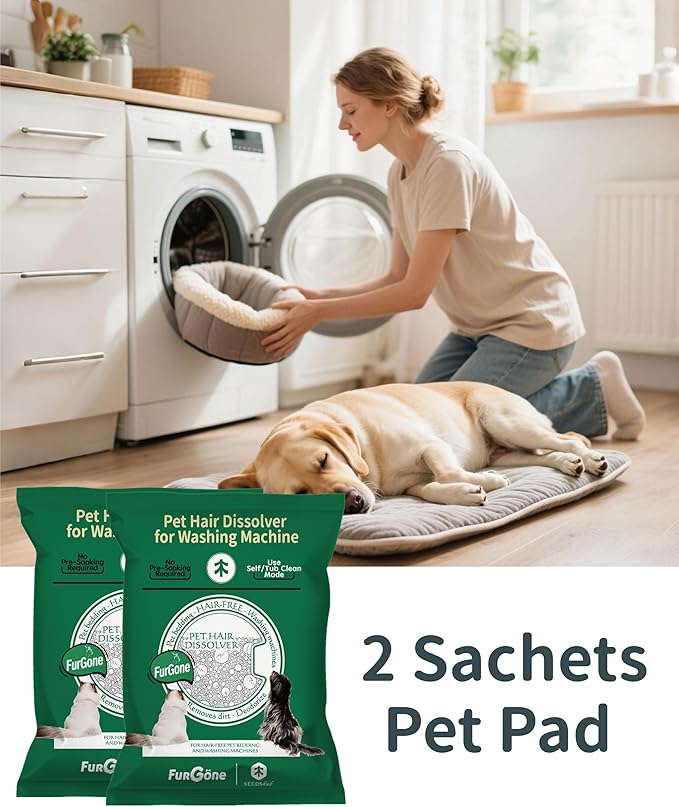 FURGONE by Seedshub Pet Hair Dissolver Washing Machine Cleaner Powder, 6 Months Supply, Dog Cat Fur, Stains & Odors Remover for Laundry, Pet-Friendly, Deep Cleaning for HE Top & Front Load, 6 Sachets