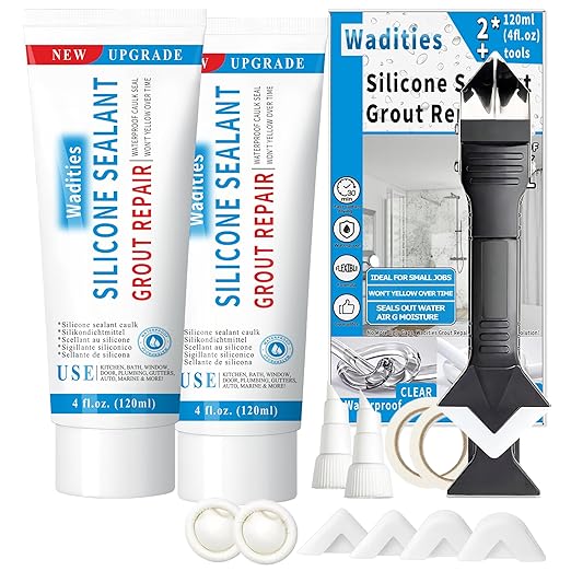 8Oz Clear Waterproof Caulk & Seal Silicone Sealant, Wadities Tile Grout Repair Kit with Grout Remove Scraper, Shrink & Crack Proof for Bathroom, Shower, Kitchen, Floor (4Oz, Pack of 2)