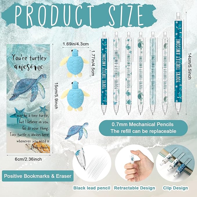 30 Sets Christmas Inspirational Gifts Turtle Pencils Bulk 6 Styles 0.7 mm Mechanical Pencils with Erasers Positive Cards for Xmas Holiday Student Teacher Coworker School Office Supplies