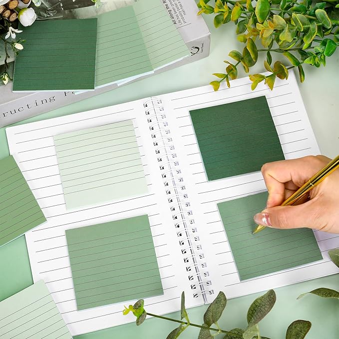 12Pcs Sage Green Lined Sticky Note 3 x 3 Inch Assorted Green Self Adhesive Notepad Removable Memo Pad for Summer Home School Office Supplies