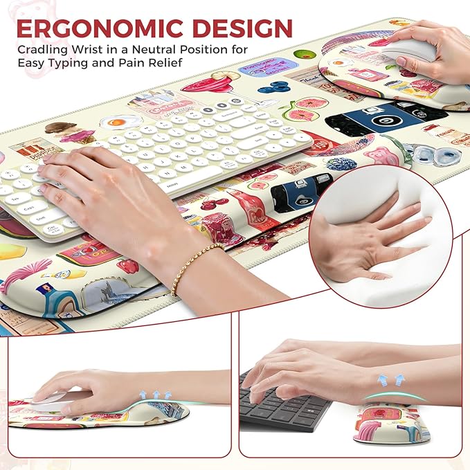 iCasso Desk Pad Mat, Large Mouse Pad and Keyboard Wrist Rest Set, Desk Protector Mat,4in1 Ergonomic Carpal Tunnel Keyboard Pad with Wrist Support for Desktop Home Office Computer (Watercolor Stickers)