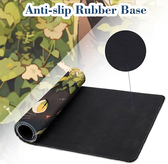 Large Mouse Pad Black Cat in Flower Garden Extended Gaming Mousepad Waterproof Desk Pad with Non-Slip Base and Stitched Edge Keyboard Pad 11.8 x 31.5 Inch Mouse Mat for Home Office Decor