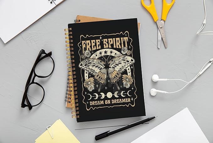 Retro Free Spirit Dreamer Butterfly Witchy Notebook - Witch Journal, Witchy Gifts for Women, Witch Stuff, Moon Phase Journal, Aesthetic Notebook for Women, Spiral Notebook 5.5x8.3