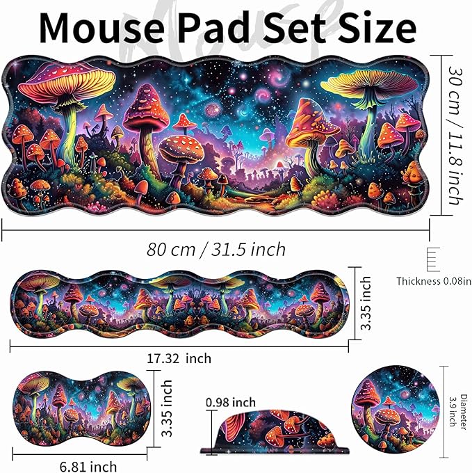 XXL Gaming Mouse Pad Set, 31.5"x11.8" Large Desk Mat with Keyboard Wrist Rest and Mouse Wrist Cushion, Ergonomic Office Mouse Pad for Home & Work Non-Slip Extended Desk Pad, Beautiful Mushrooms