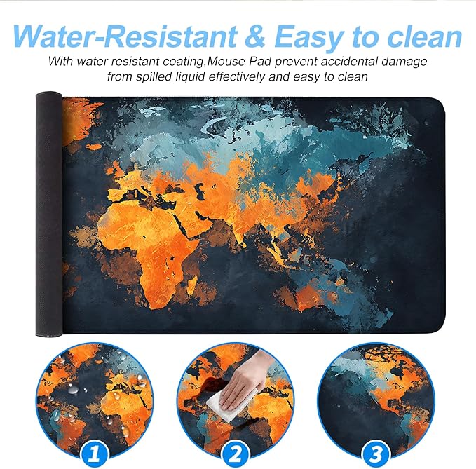 World Map Artistic Design Mouse Pad – 31.5" x 11.8" Extended Abstract Desk Mat with Bold Orange and Blue Color Palette – Large Non-Slip Surface for Office, Home, and Study