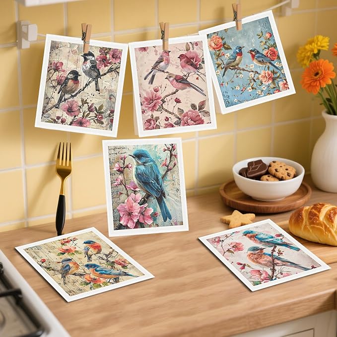 Vintage Bird Swedish Dishcloths for Kitchen, 6PCS Bird Swedish Cloths for Washing Dishes Reusable Floral Dish Towels Washable Cleaning Sponge for Home Party Cleaning Housewarming Quick Drying