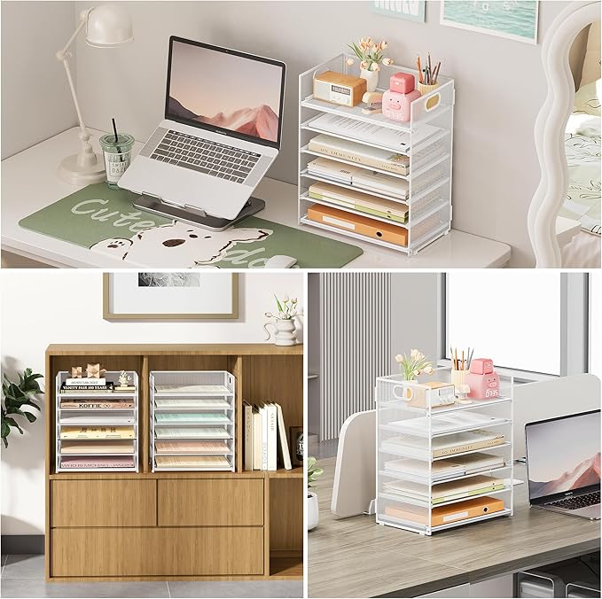 Subekyu 6-Tier Desk Paper Organizer, Desktop File Letter Tray with Handle, Document Sorter and Accessories Holder for Office, Home and School Workspace Organizers, White - 2 Pack