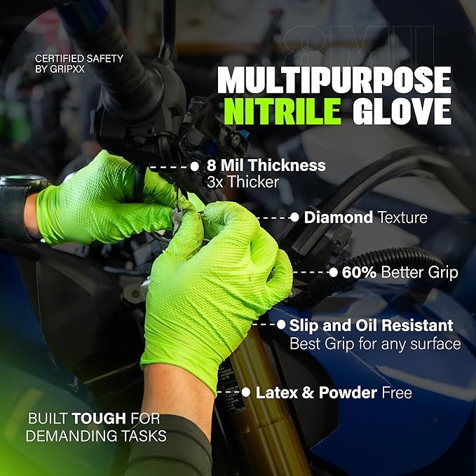 Herkules Grip Heavy Duty 8Mil Green Nitrile Gloves,3D Raised Diamond Texture-Latex & Powder Free-Industrial, Mechanic | Pack of (200 CT)