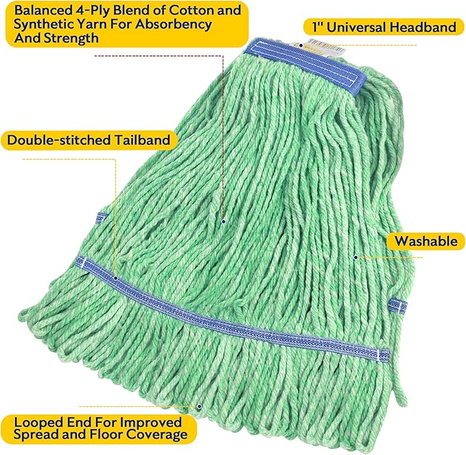 Matthew Cleaning Heavy Duty Mop Head Commercial Replacement for General and Floor Cleaning, Wet Industrial Blue Cotton Looped End String Head Refill (Pack of 12) Green
