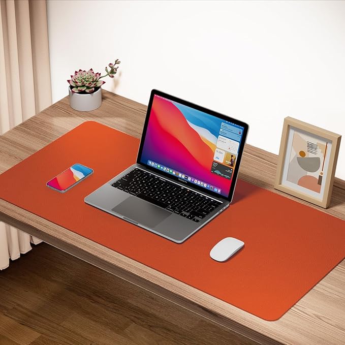 Boutilon Leather Desk Pad Protector,Non-Slip Mouse Pad,Laptop Desk Pad,Office Mouse Mat,Waterproof Leather Desk Blotter,Desk Writing Pad for Office and Home (L-Orange H,35"x 17")