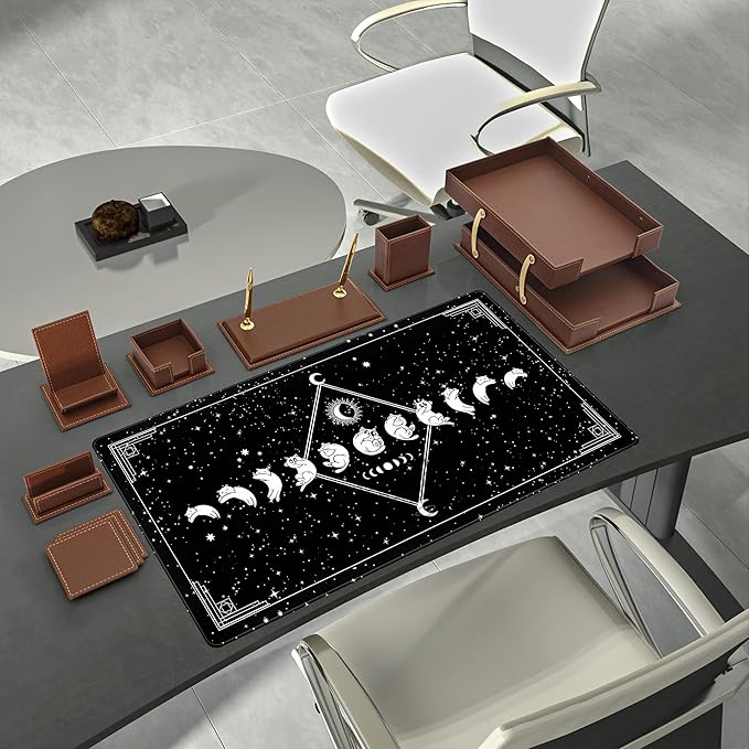 Black Desk Mat Cute Cats Mouse Pad XXL, Funny Gaming Desk Pad, Cute Desktop Mat for Keyboard and Mouse, Extra Large Full Desk Computer Pads, Kawaii Stars Horoscope Desk Decor 31.5" x 15.7"