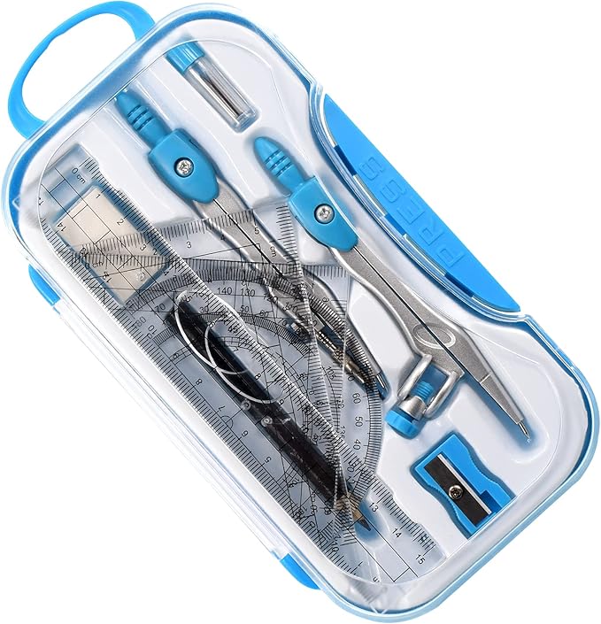 Math Geometry Kit Sets 10 Piece Student Supplies with Shatterproof Storage Box,Includes Rulers,Protractor,Compass,Eraser,Pencil Sharpener,Lead Refills,Pencil,for Drafting and Drawings（Blue）