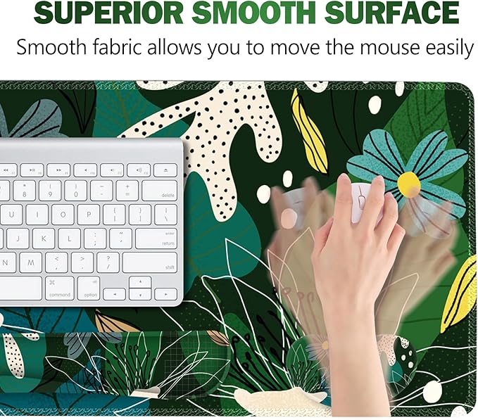 ARTSO Large Mouse Pad Wrist Rest Set,Extended Desk Mat+Keyboard Wrist Rest+Mouse Wrist Support+Coaster, 4in1 Non-Slip Desk Protector Pad Blotter for Home Office-Green Leaves Flowers Abstract