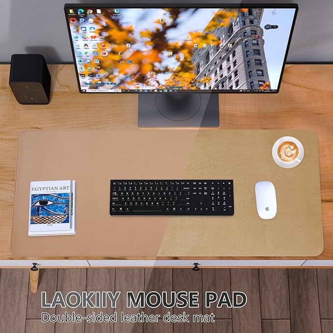 Dual-Sided Desk Pad, Large Mouse Pad, Natural Cork & PU Leather Non-Slip Waterproof Desk Mat for Office and Home (Khaki, 31.5" x 15.7")