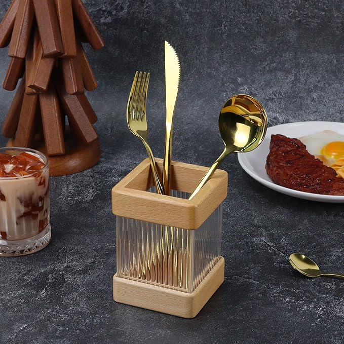 MultiBey Beech Wooden Pencil Holder, Clear Acrylic Wood Pen Holder, Modern Pen Cup Organizer Stand Wood Desk Accessory Organizer for School Office Home Supplies