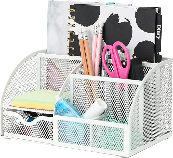 Exerz Desk Organizer White Office Desk Accessories Supplies Office Storage Desktop Pencil Pen Holder with Drawer Home Workspace