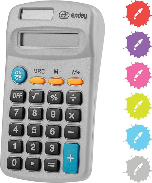 Calculator Grey, Basic Small Solar and Battery Operated, Large Display Four Function, Auto Powered Handheld Calculator School and Kids Available in Green, Red, Purple, Blue, Pink, 1 PK – by Enday