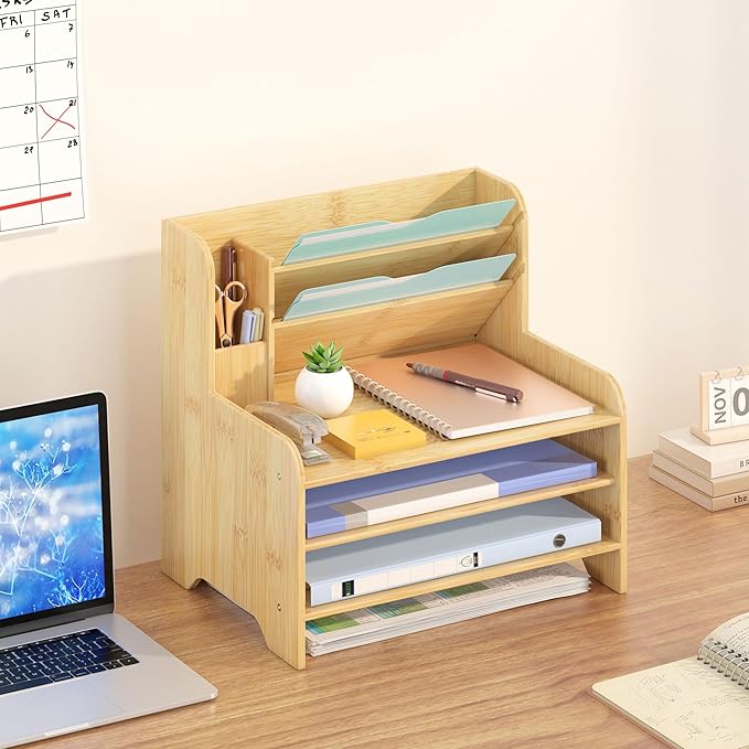Bamboo Desk Organizer Mail Holder Countertop Letter Tray File Organizer for Desk Letter Sorter Paper File Storage for School Home Office Supplies
