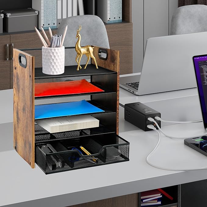 Wood Desk Organizer - 5-Tier Desktop File Organizer with Drawer, Wooden Paper Tray, Office Desk Organzier and Accessories for Papers, Mail, Notebooks, Stationery
