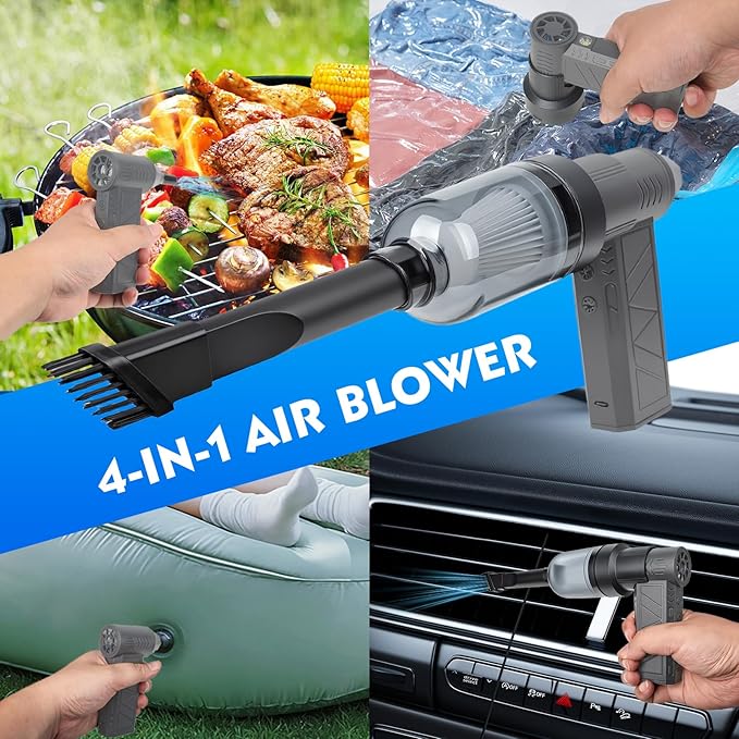 NUHFUFA 4-in-1 Compressed Air Duster with Light, Handheld Car Vacuum/Air Blower/Pump/Inflate 130000RPM Adjustable Electric Vacuum Cleaner for Computer Keyboard Car Home(Gray)