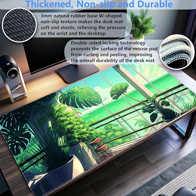 XL Desk Pad Mat, Extended Gaming Mousepad 31.5 x 15.7 in, Non-Slip Computer Mat with Stitched Edges, Green Tropical Plants Design for Desk, Keyboard & Mouse