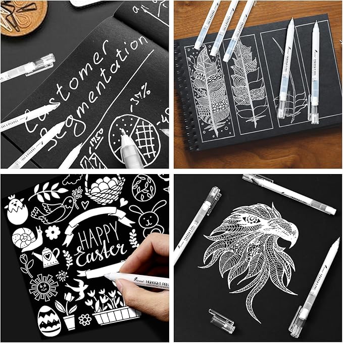 White Gel Pens - Fine, Medium & Bold Tip Ink Pens for Journaling, Art, or Drawing- For Holiday Gifts & DIY Projects - White Ink, Archival Ink Pens -0.6/0.8/1.0 Assorted Tip Sizes -9 Pack