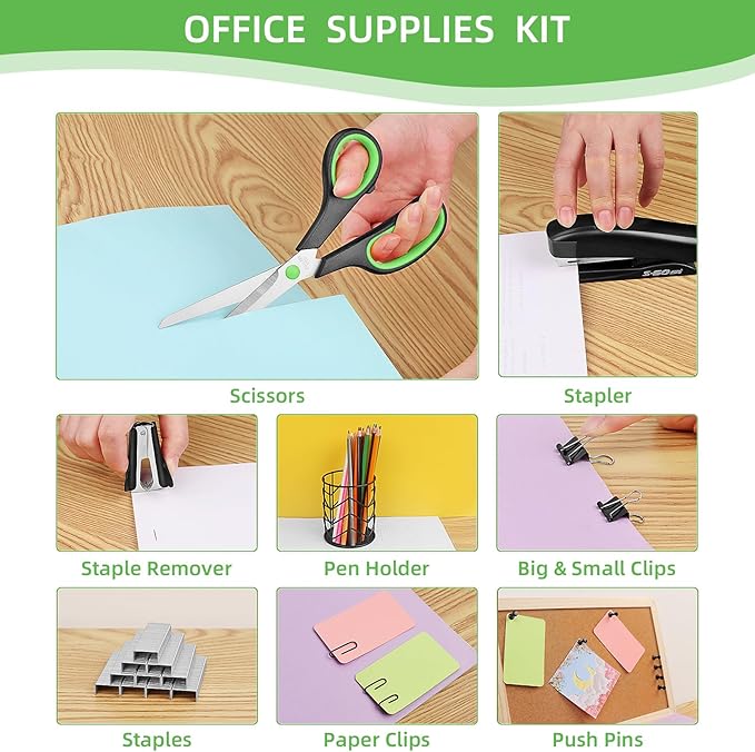 Scissors，Office Supplies Kit, Desk Accessories Set, Products Include Scissors, Stapler, Staples, Staple Remover，Pen Holder, Paper Clips, Push Pins, Binder Clips