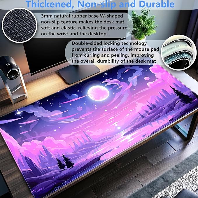 Purple Moon Lake Mouse Pad Pink Desk Mat XXL Large Gaming Mousepad Cute Kawaii Anime Aesthetics Computer Mat Keyboard and Mouse Pad Office Desk Decor 31.5 x 15.7 in