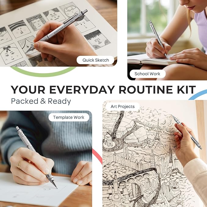 Nicpro Blocky Gear 0.7 mm Mechanical Pencils Set in Case, Metal Pencil with Lead Refills, Eraser for Professional & Adult Art Writing Drafting Drawing