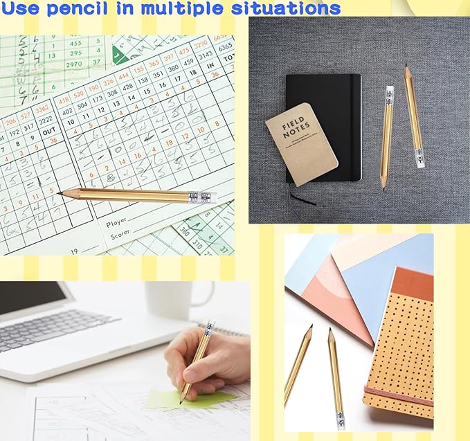 Adhere 50pcs Golf Pencils with eraser Hexagon Wooden Pencils Graphite 2B for Golf Event Scoring,Classroom,Wedding,Company Meetings,Pew, Pocket (z-Gold・Hexagon・50pcs)