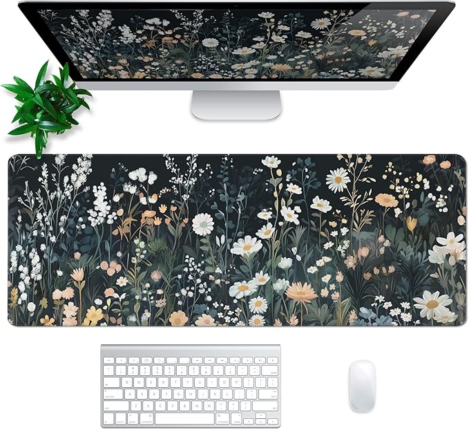 Flower Mouse Pad Abstract Black Mouse Pad 31.5x11.8 Inch Floral Texture Non-Slip Rubber Base Large Weeds Mousepad Stitched Edges Keyboard Mouse Mat Desk Pad for Office and Home