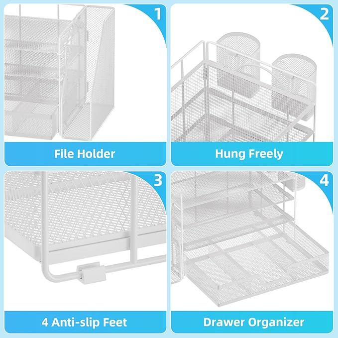 Marbrasse Desk Organizer and Accessories，4-Tier Paper Letter Tray Organizer with File Holder, Desk Accessories with Drawer and 2 Pen Holder (White, 15.4" x 9.1" x 8.3")