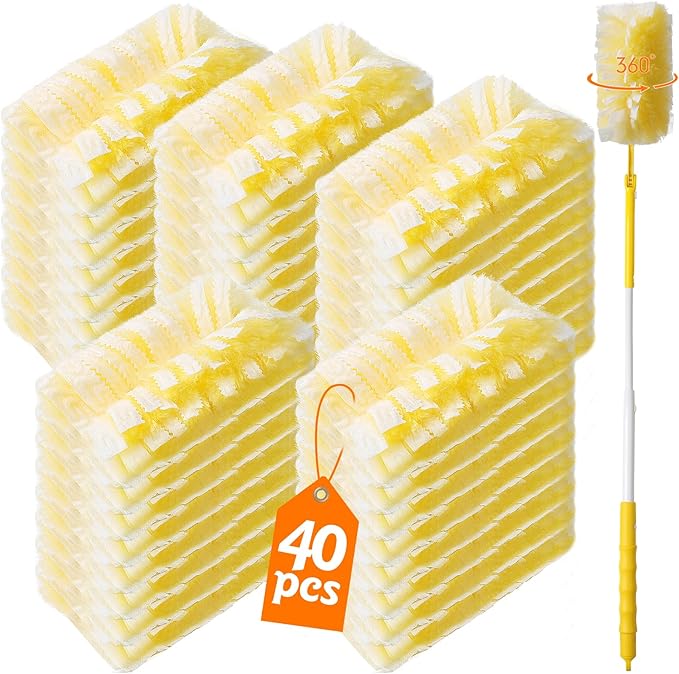 Senowi 40 Count 360° Heavy Duty Duster Refills Compatible with Swiffer,Large Size-Extra Thick Disposable Electrostatic Feather Duster Refill with 1 Retractable Handle(35-inch Length Fully expanded)