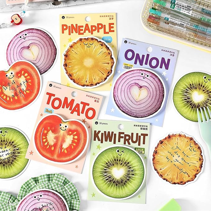 Fruit and Vegetable Sticky Note Pads Set，3x3 Inches 120 Sheets Total Onion Tomato Kiwi Pineapple Themed Memo Pads for Office School Home Use