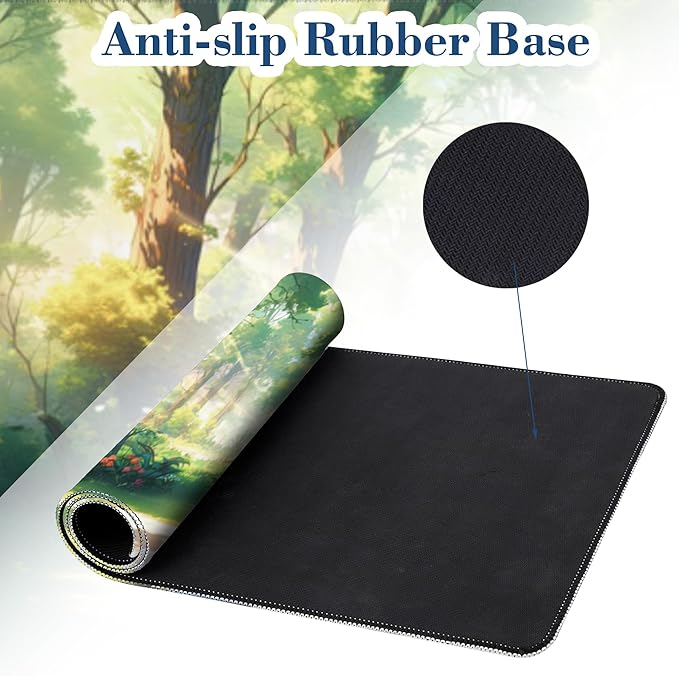 Anime Woodland Forest Mouse Pad Desk Mat XL Large Gaming Mousepad Extended Computer Keyboard Mat with Non-Slip Rubber Base and Stitched Edge 11.8 x 31.5 Inch for Gaming and Office Work