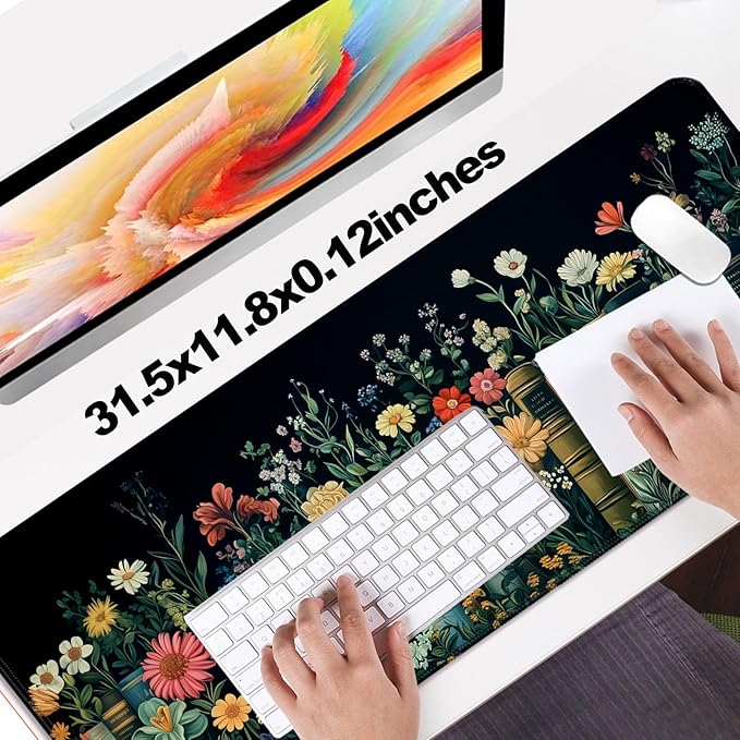 Fantasy Pretty Wildflower and Book Gaming Desk Mat, Computer Keyboard Large Extended Long Floral Mouse Pad for Office and Home, XL (W02)