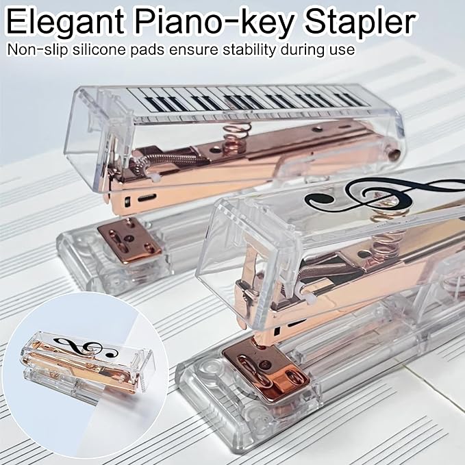 Gold Acrylic Stapler, Cute Office Stapler with 25 Sheets Capacity and Hold 100 Staples Unique and Stylish Design for Home Office Desktop (Piano-Key/High Note) (Piano-Key)