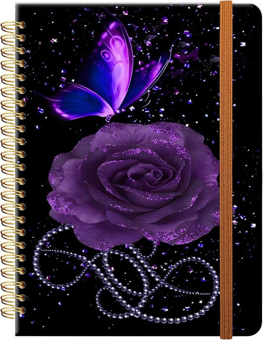 Ruled Spiral Writing Notebook,A5 Hardcover Lined College Journal for Women,Strong Twin-Wire Binding with Premium Paper,8.4" X 6",Perfect for School,Office,Home(Starry Purple Rose Butterfly)