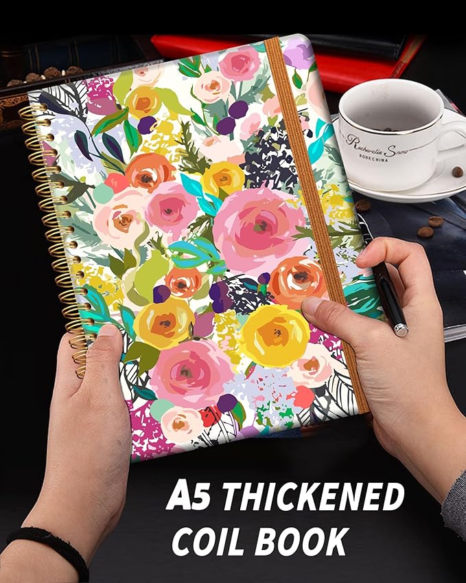Ruled Spiral Writing Notebook,A5 Hardcover Lined College Journal for Women,Strong Twin-Wire Binding with Premium Paper,8.4" X 6",Perfect for School,Office,Home(Colorful Floral)