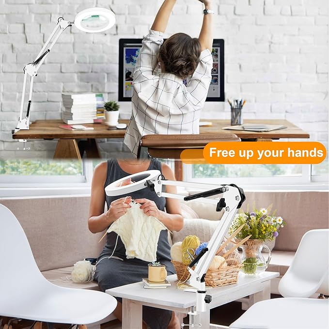 10X Magnifying Glass with Light and Clamp, 2-in-1 LED Magnifier Desk Lamp, 3 Color Modes 10 Level Dimmable, Hands-Free Lighted Magnifier for Craft Repair Nail Reading Close Works (White, Clamp)