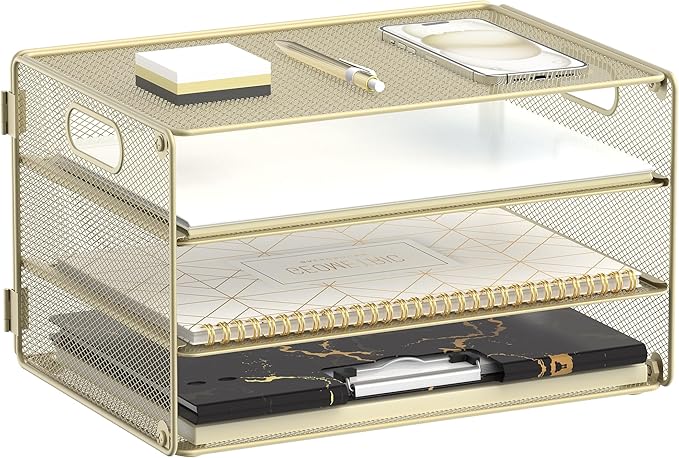 DALTACK 3 Tier Letter Tray Paper Organizer with Handle, Mesh Desk File Organizer, Paper Tray Desk Organizer for School Office Home, Metal Mesh, Golden Yellow